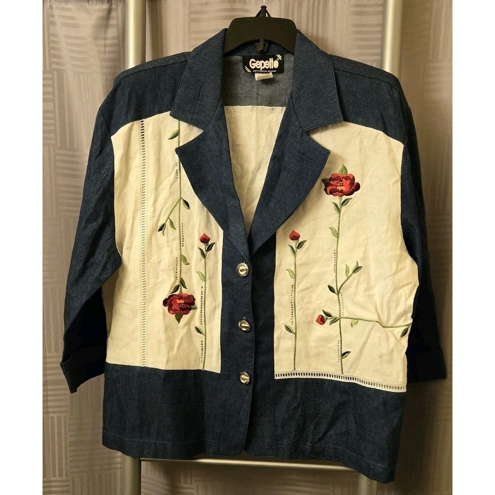 Vintage 80/90s Med Gepetto Floral Embroidered Linen Blend Jacket Granny Cottage